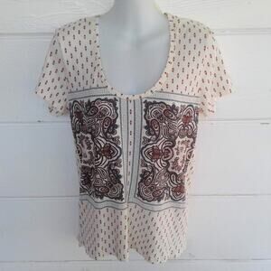 Lucky Brand Women's Ivory Multi-color T-Shirt Short Sleeves Blouse Small Petite